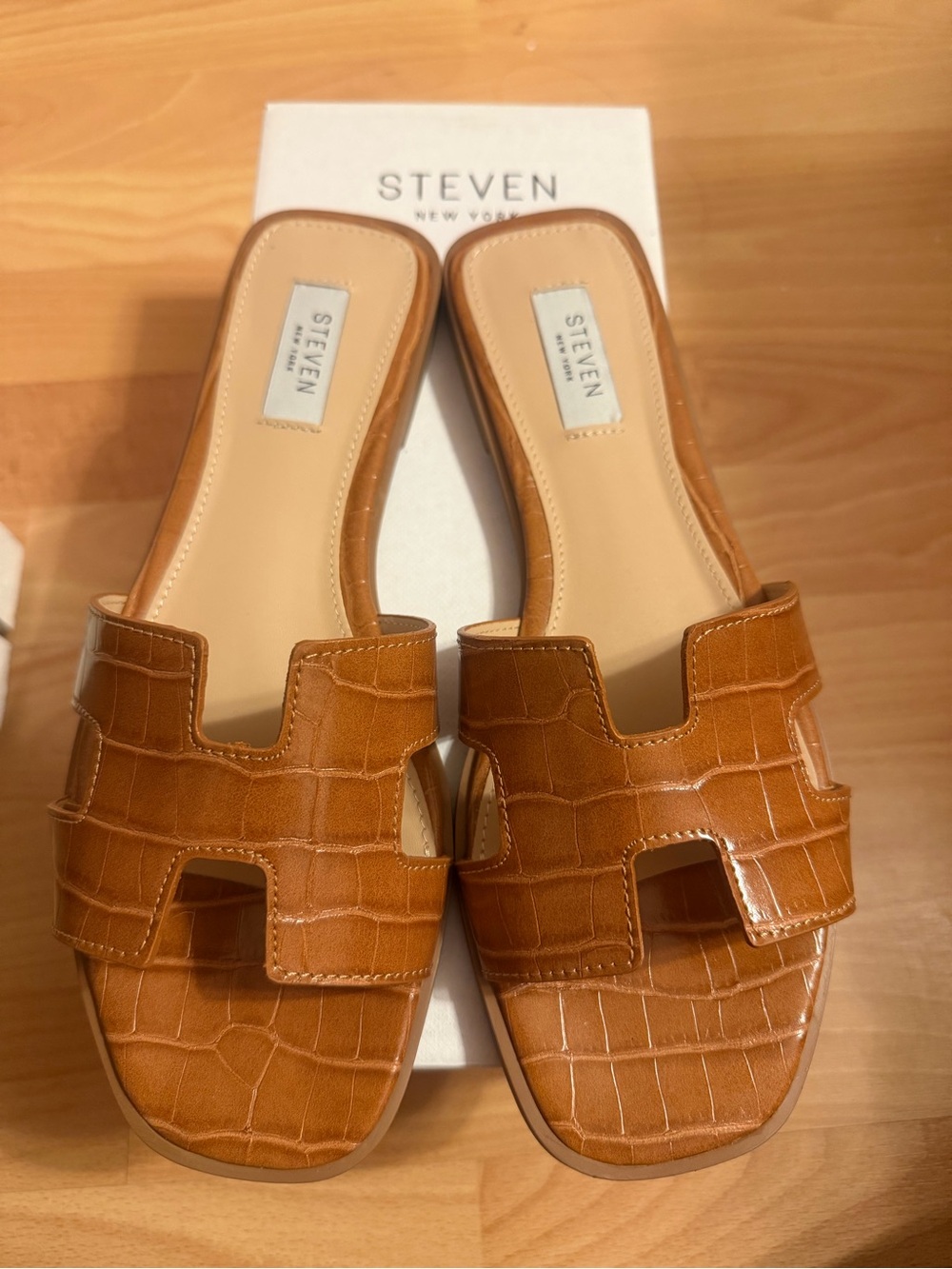 STEVEN Croc-Embossed Tan Slide Mules